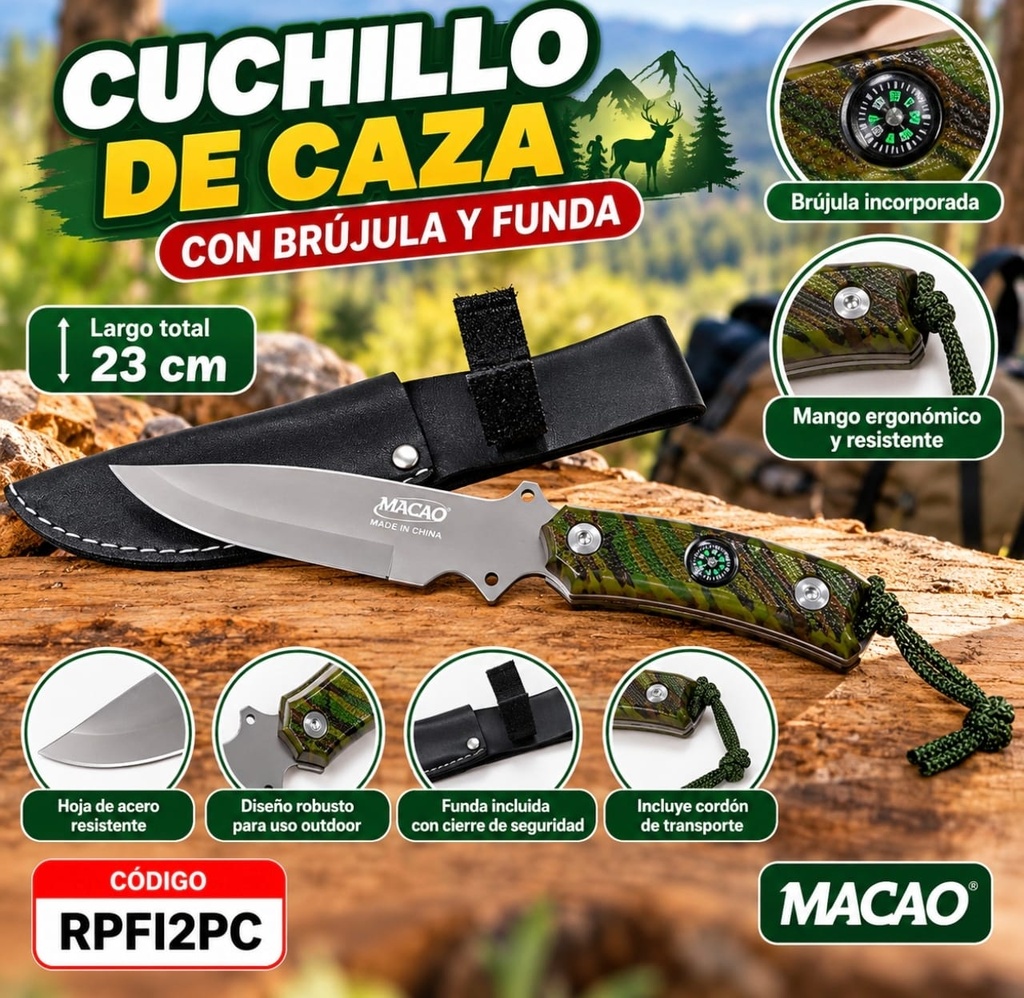 CUCHILLO CAZA CON BRUJULA MACAO FUNDA CUERINA RPFI2PC