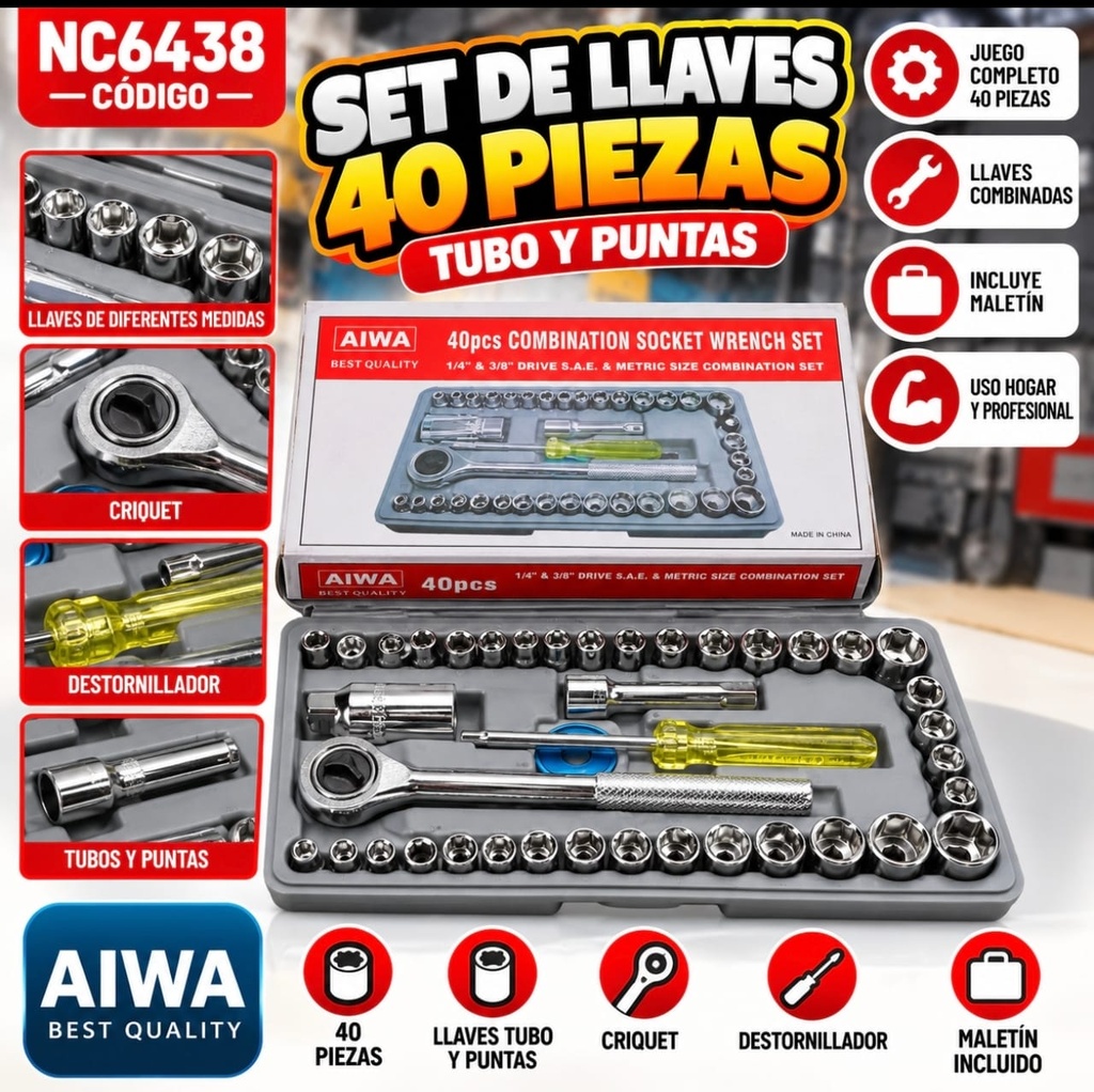 LLAVE TUBO EN CAJA CHICA 40 PIEZAS AIWA NC6438