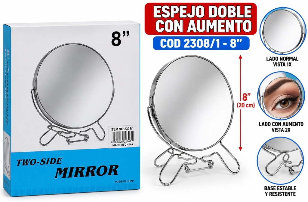 ESPEJO DOBLE C/ AUMENTO 8" EN CAJA MIRROR 2308/1