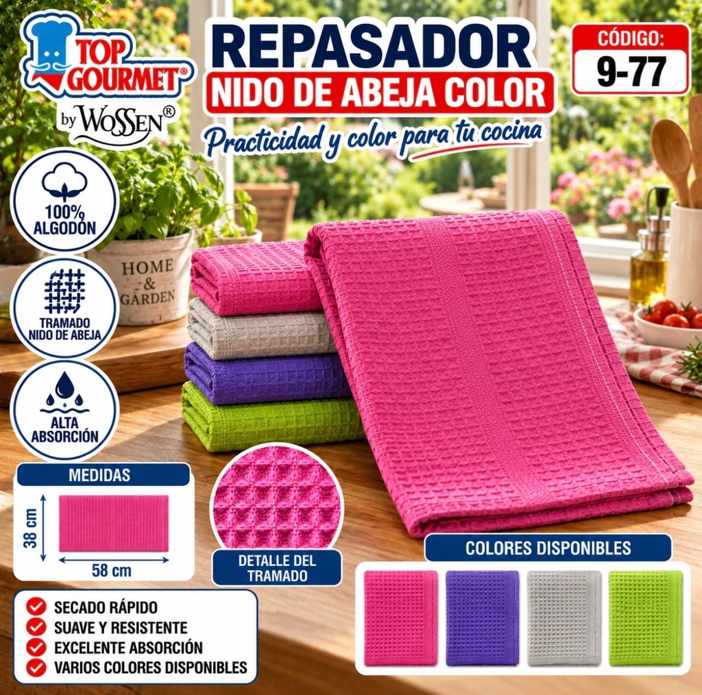 REPASADOR NIDO DE ABEJA COLOR TOP GOURMET ART 977 100% ALGODON 58X38CM