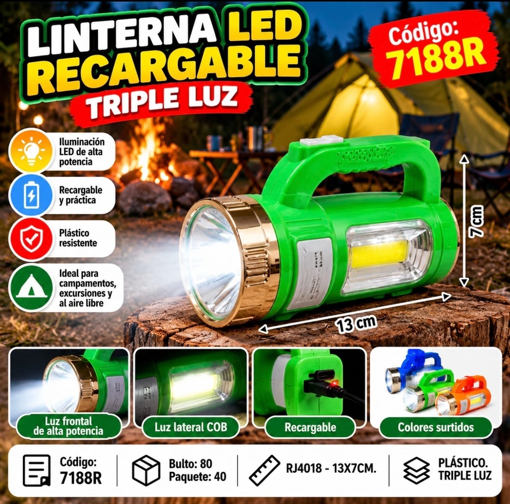 LINTERNA RECARGABLE 1975S CON MANIJA TRIPLE LUZ EN CAJA 7188R