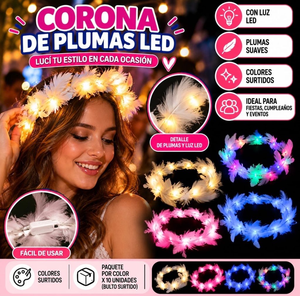 CORONA PLUMA CON LUCES NC6513