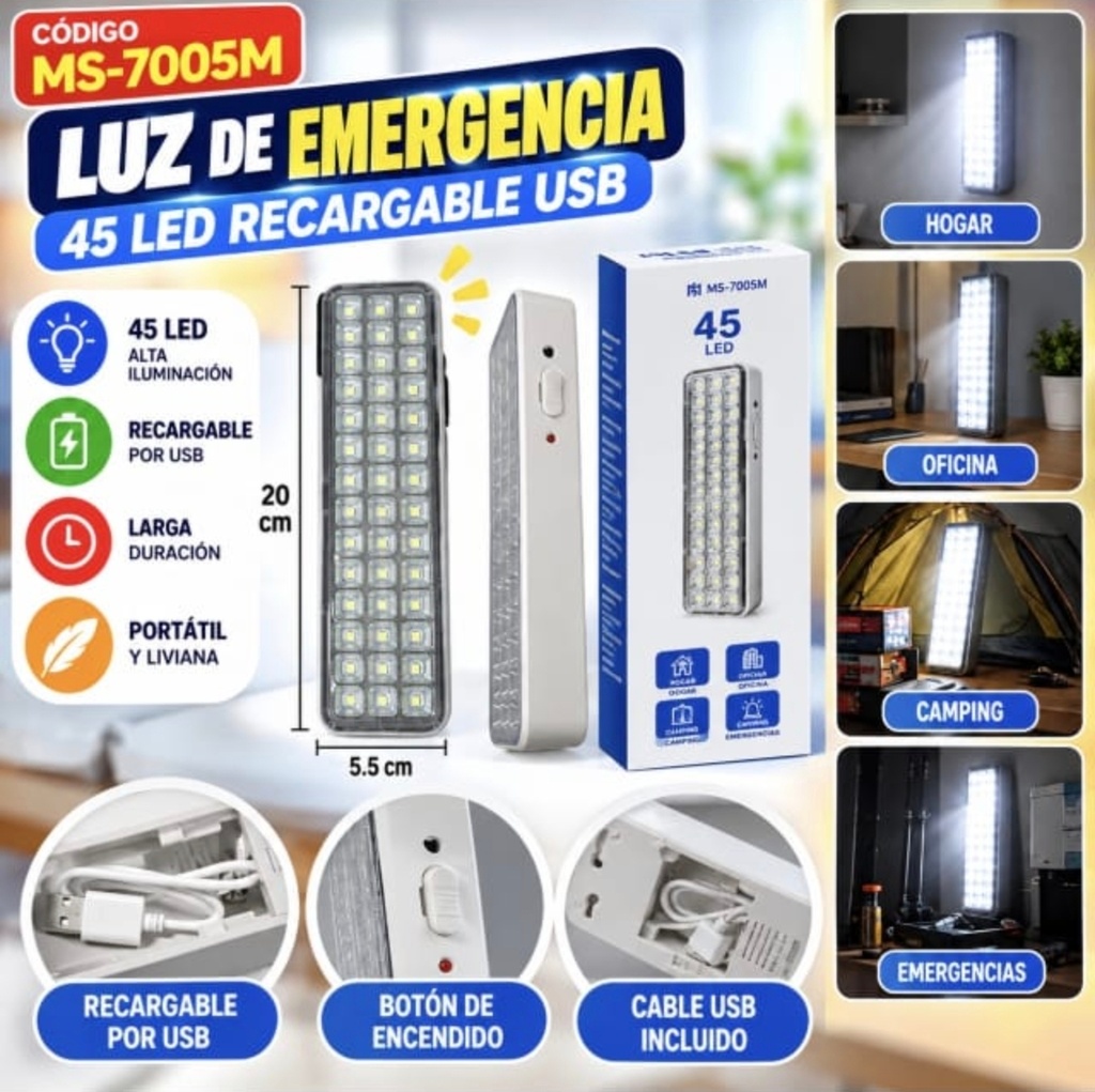 LUZ DE EMERGENCIA 45 LED RECARGABLE USB MS-7005