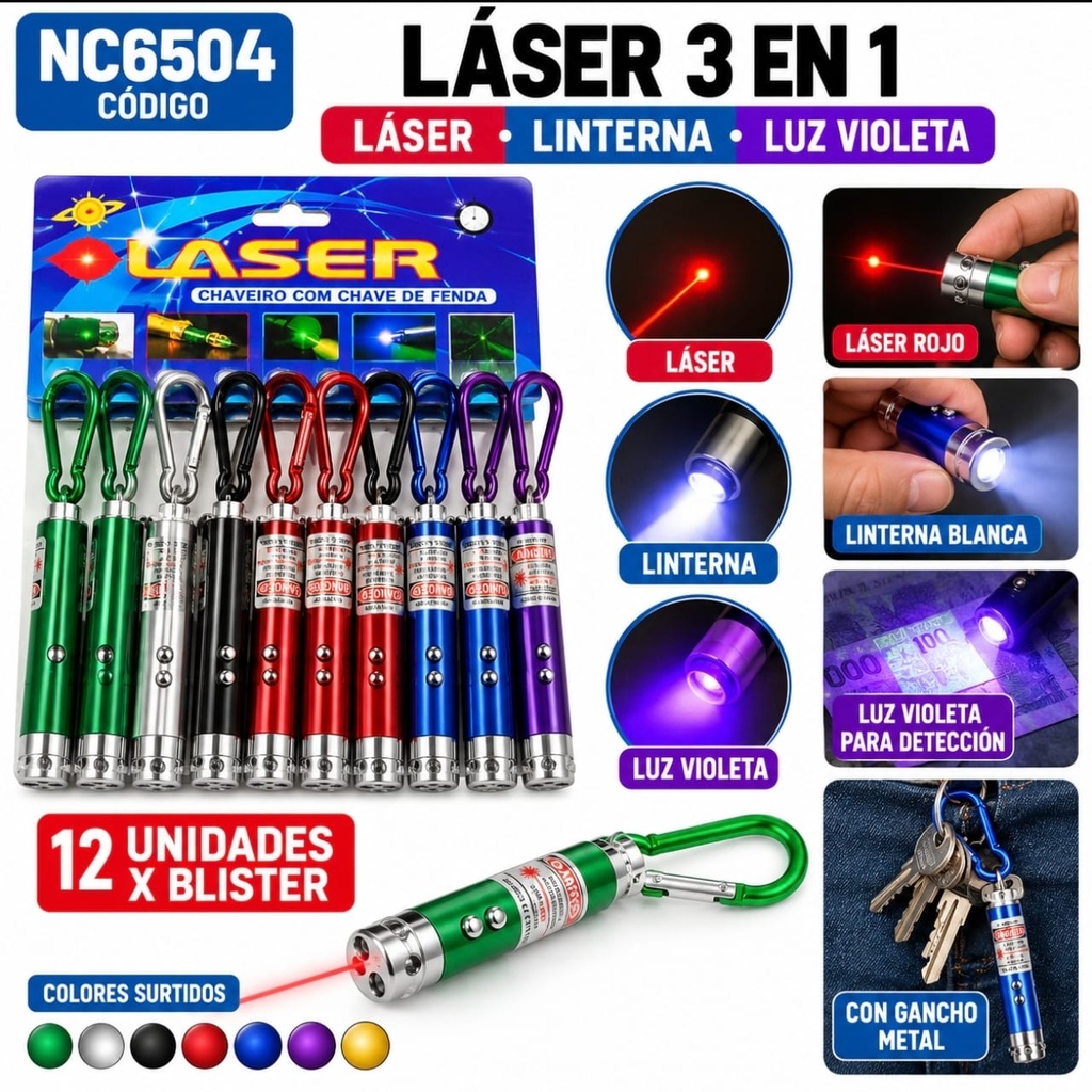 LLAVERO LASER LINTERNA 3 EN 1 CON GANCHO NC6504