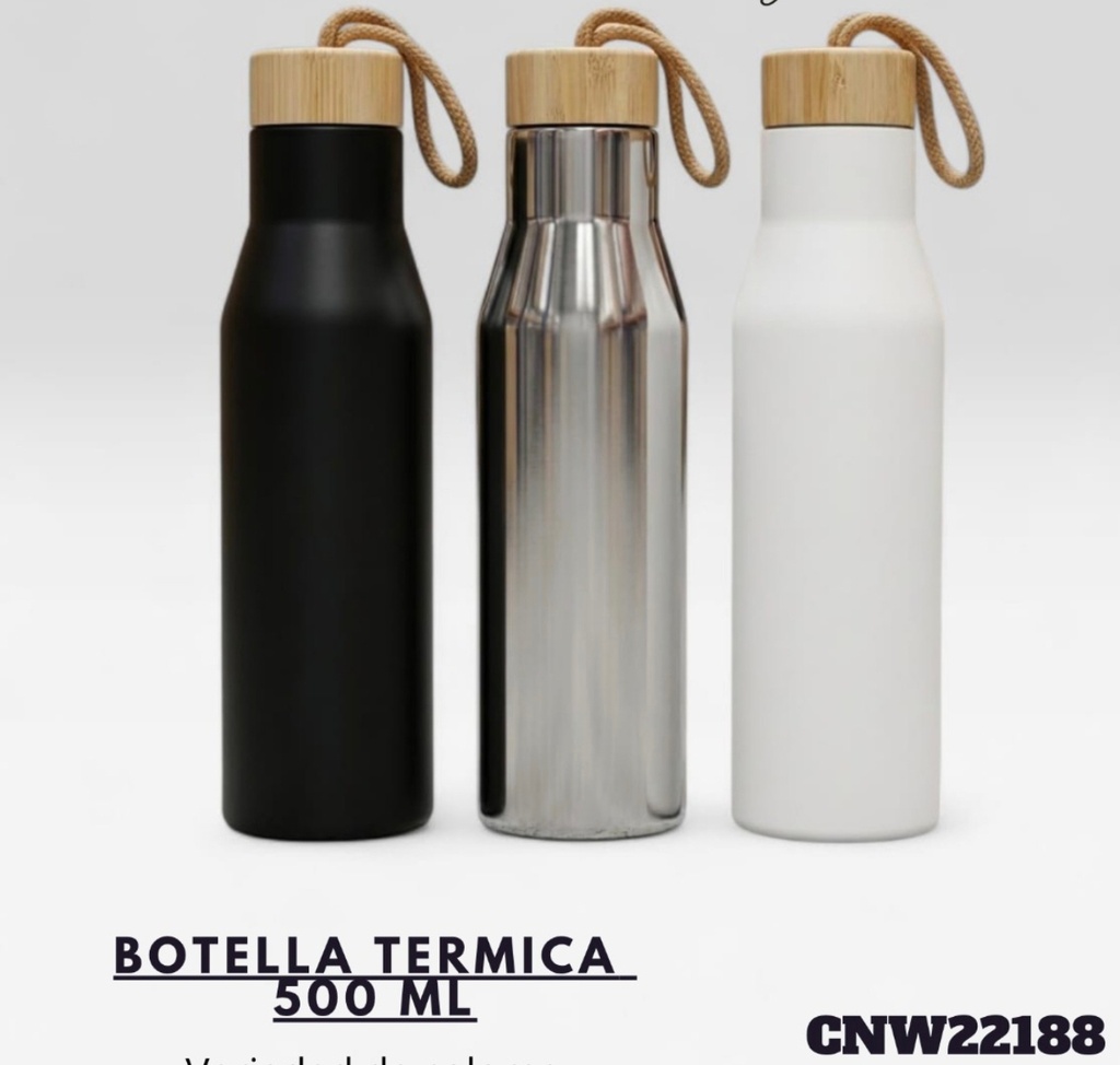 BOTELLA TERMICA 500 ML LISO TAPA MADERA CON SOGA CNW22188