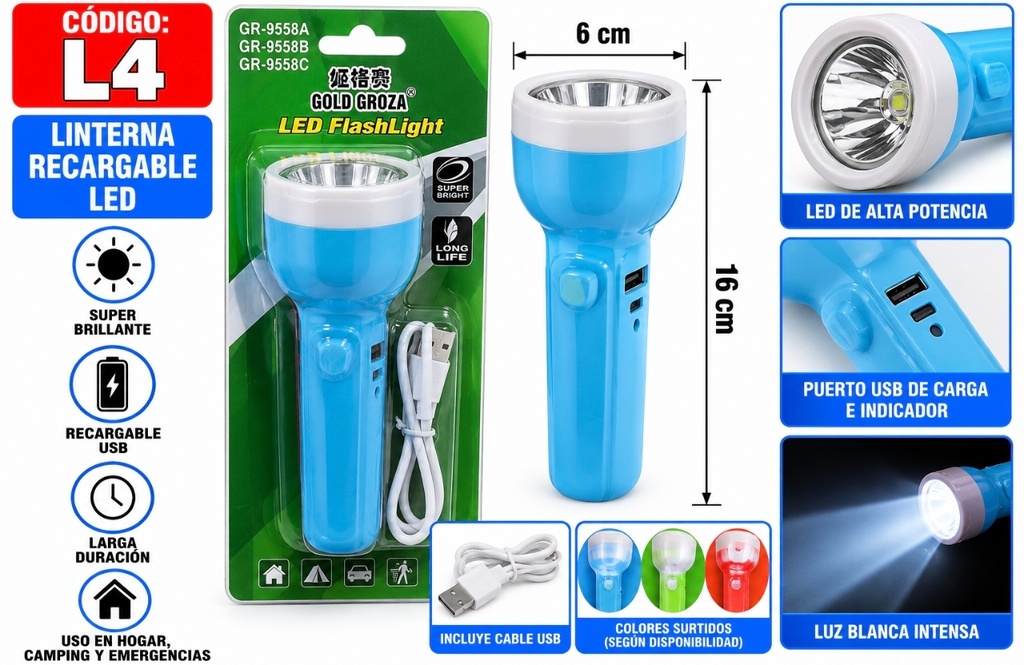 LINTERNA LED RECARGABLE DOS LUCES GOLG GROZA GR-9558C EN BLISTER L4