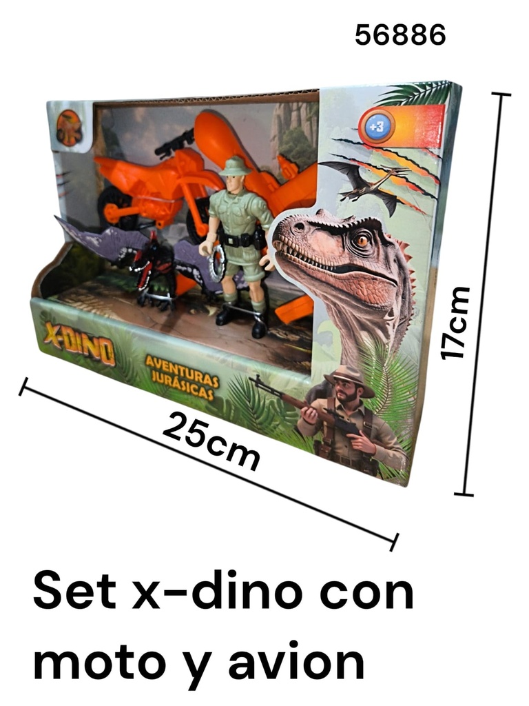 SET X-DINO AVENTURA JURASICA CON MOTO Y AVION 25 X 17 CM CAJA EXIBIDORA 56886
