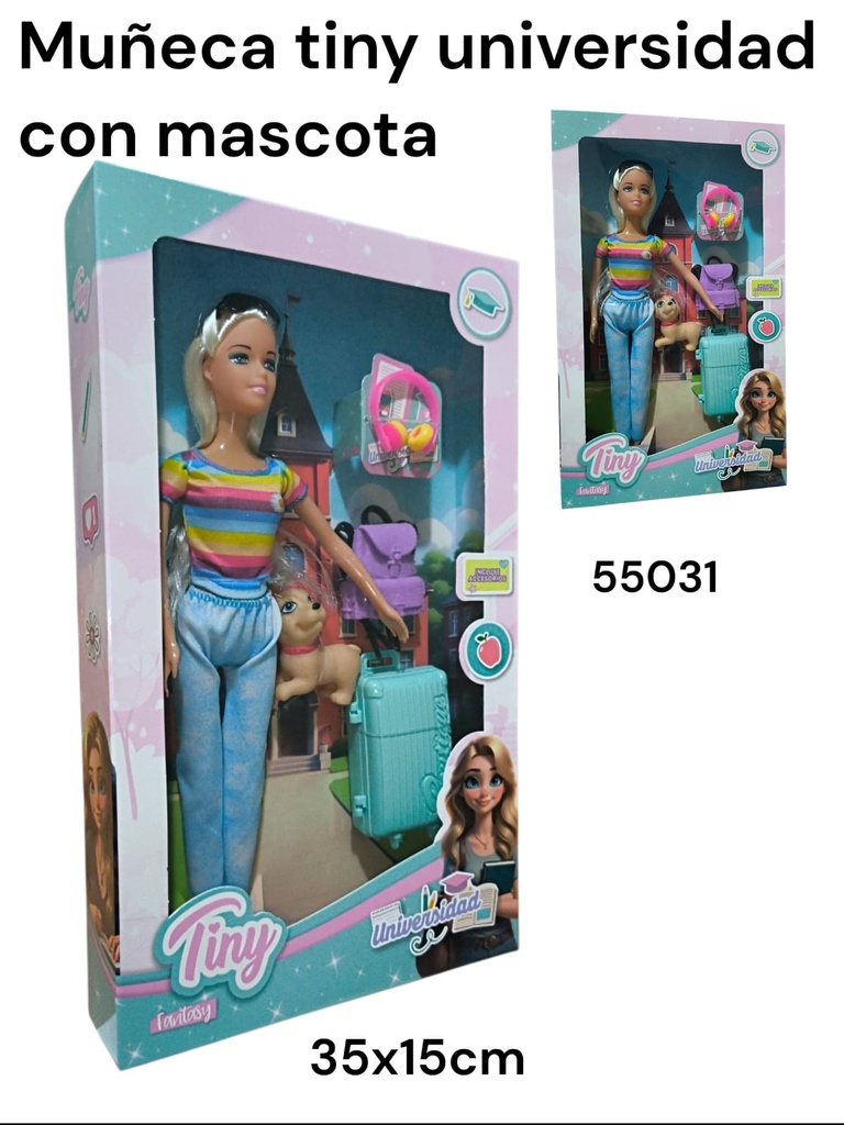 MUÑECA TINY UNIVERSIDAD CON MASCOTA Y ACCESORIOS EN CAJA 35X15 CM 55031