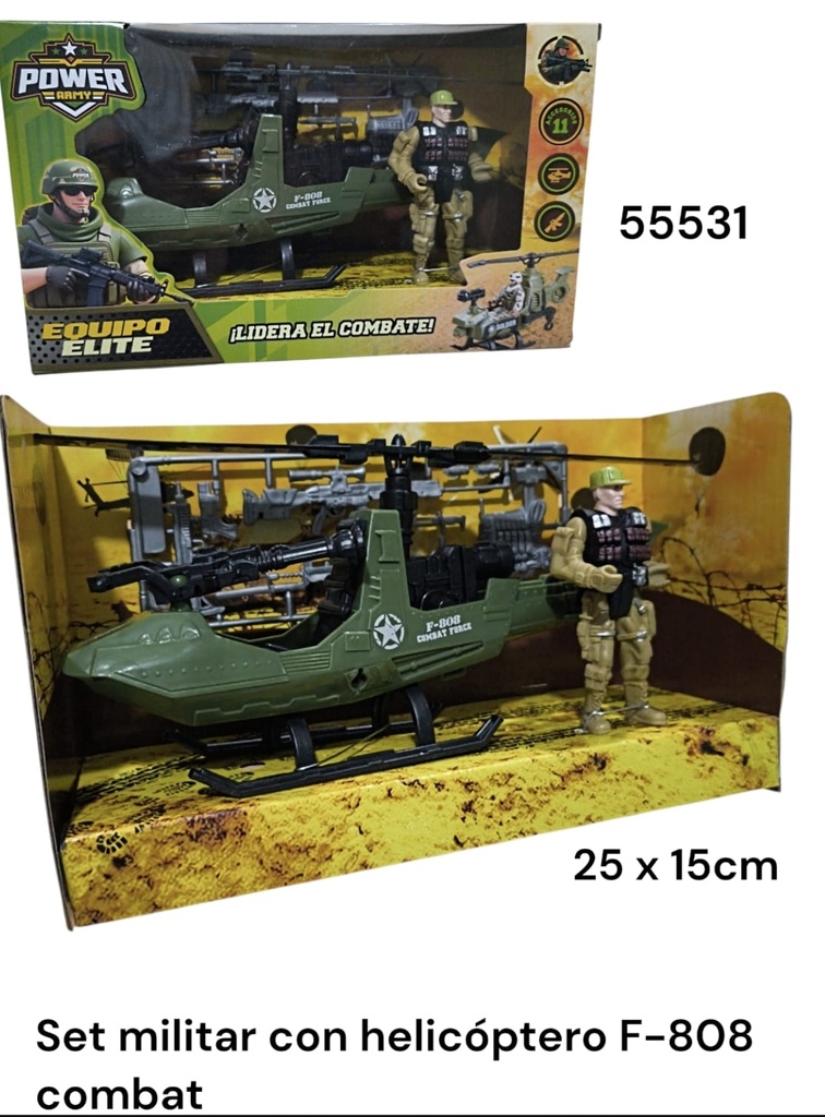 SET DE COMBATE CON HELICOPTERO F-808 EN CAJA 25X15 CM EQUIPO ELITE 55531