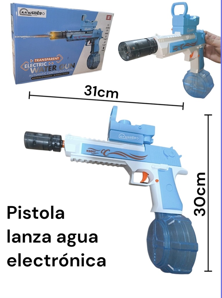 PISTOLA DE AGUA ELECTRICA AUTOMATICA CON SILENCIADOR LUZ LED Y MIRA TELESCOPICA , CARGADOR A BOTON EN CAJA WATER GUN 642