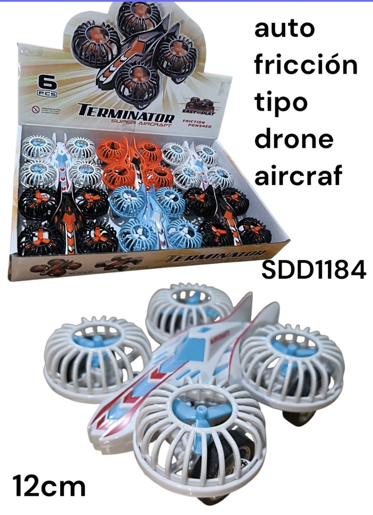 AUTO AIRCRAFT FRICCION EN CAJA EXIVIDORA TIPO DRONE 12 CM TERMINATOR SDD1184