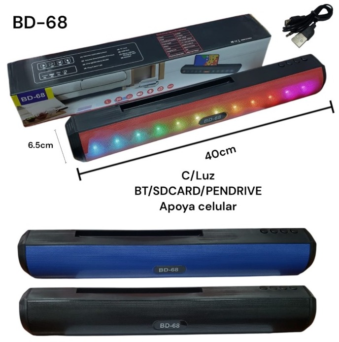 PARLANTE RECARGABLE BD-68 40CM C/ LUZ Y PORTA CELULARES