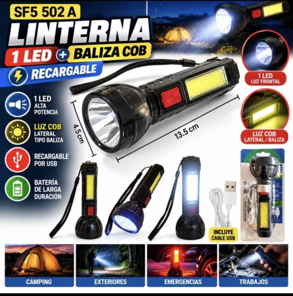 LINTERNA LED + BALIZA RECARGABLE LOANN SF-502 EN BLISTER
