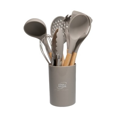 SET X 10 UTENCILIOS DE COCINA PLASTICO MANGO MADERA EN CONTENEDOR COOL BAZAR CB8000