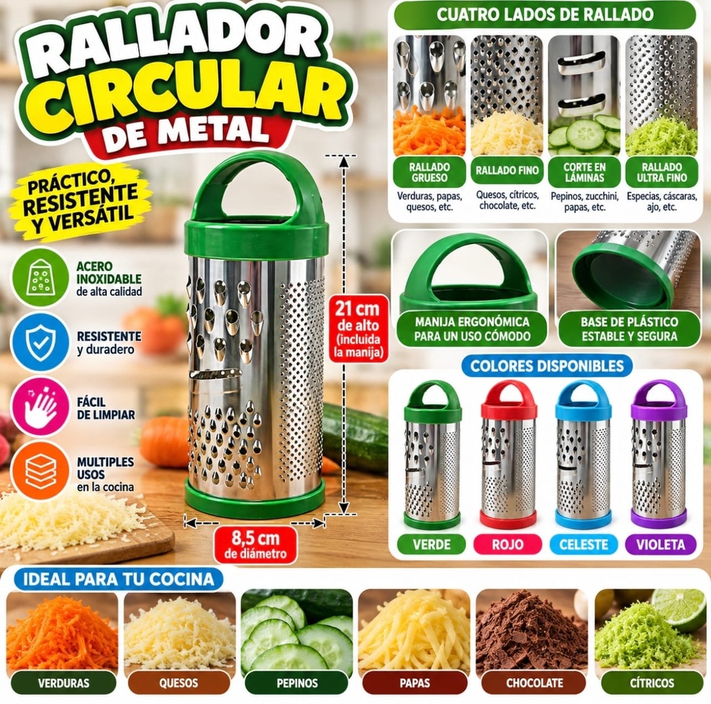 RALLADOR CIRCULAR 5 USOS BORDE PLASTICO CON MANIJA