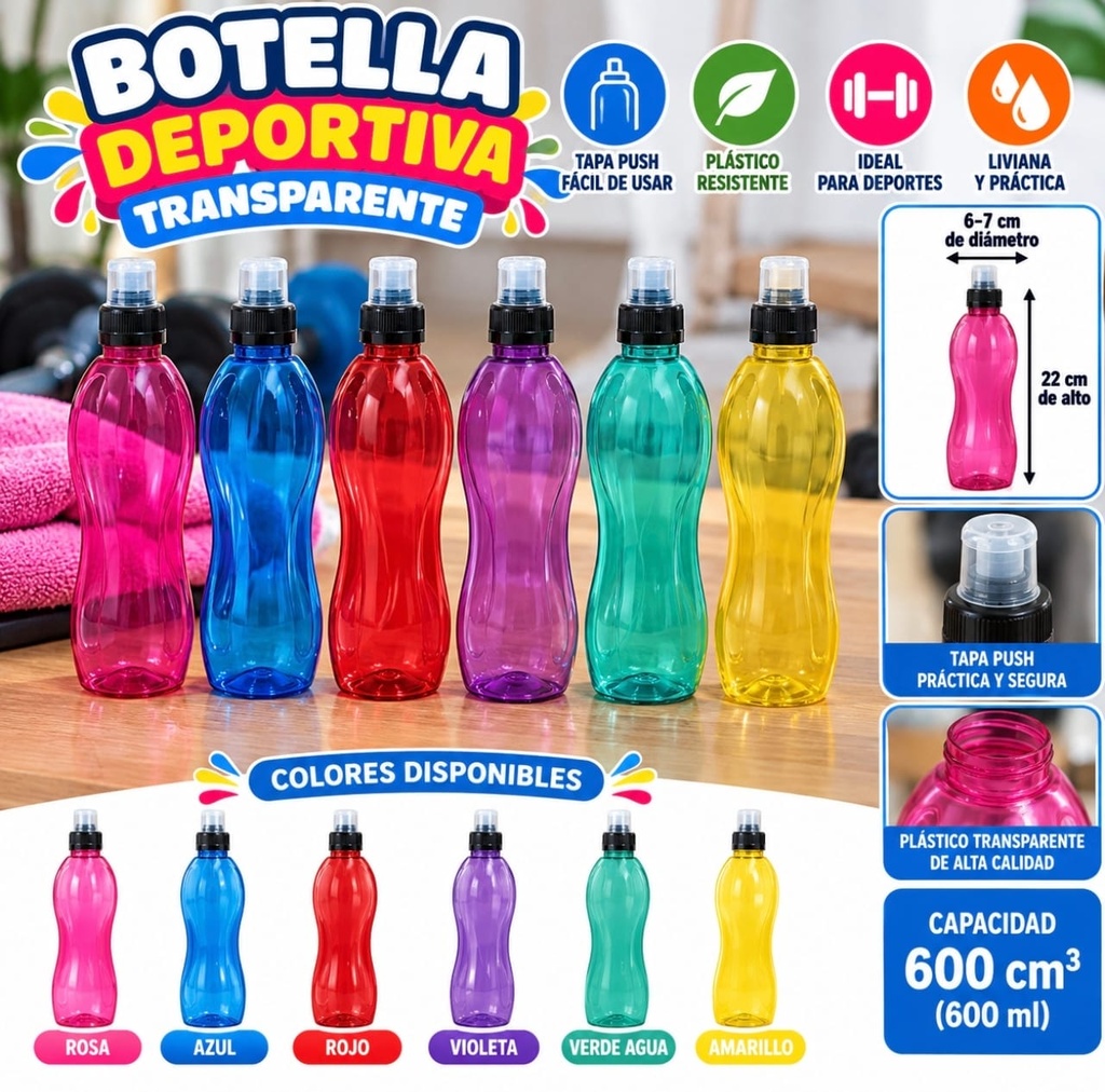BOTELLA DEPORTIVA PLASTICA COLOR TRASLUCIDA 600CC PICO PUSH
