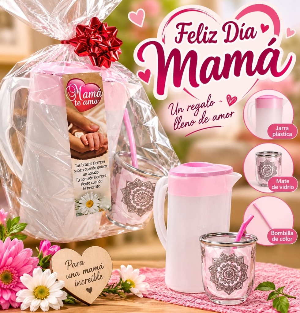 SET DIA DE LA MADRE JARRA PLASTICA TAPA COLOR C/ MATE DE VIDRIO Y BOMBILLA COLOR