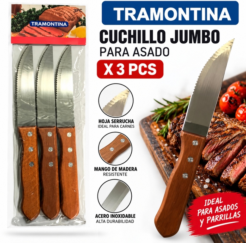 CUCHILLO MANGO MADERA JUMBO X 3 EN BOLSA TIPO TRAMONTINA NC6843