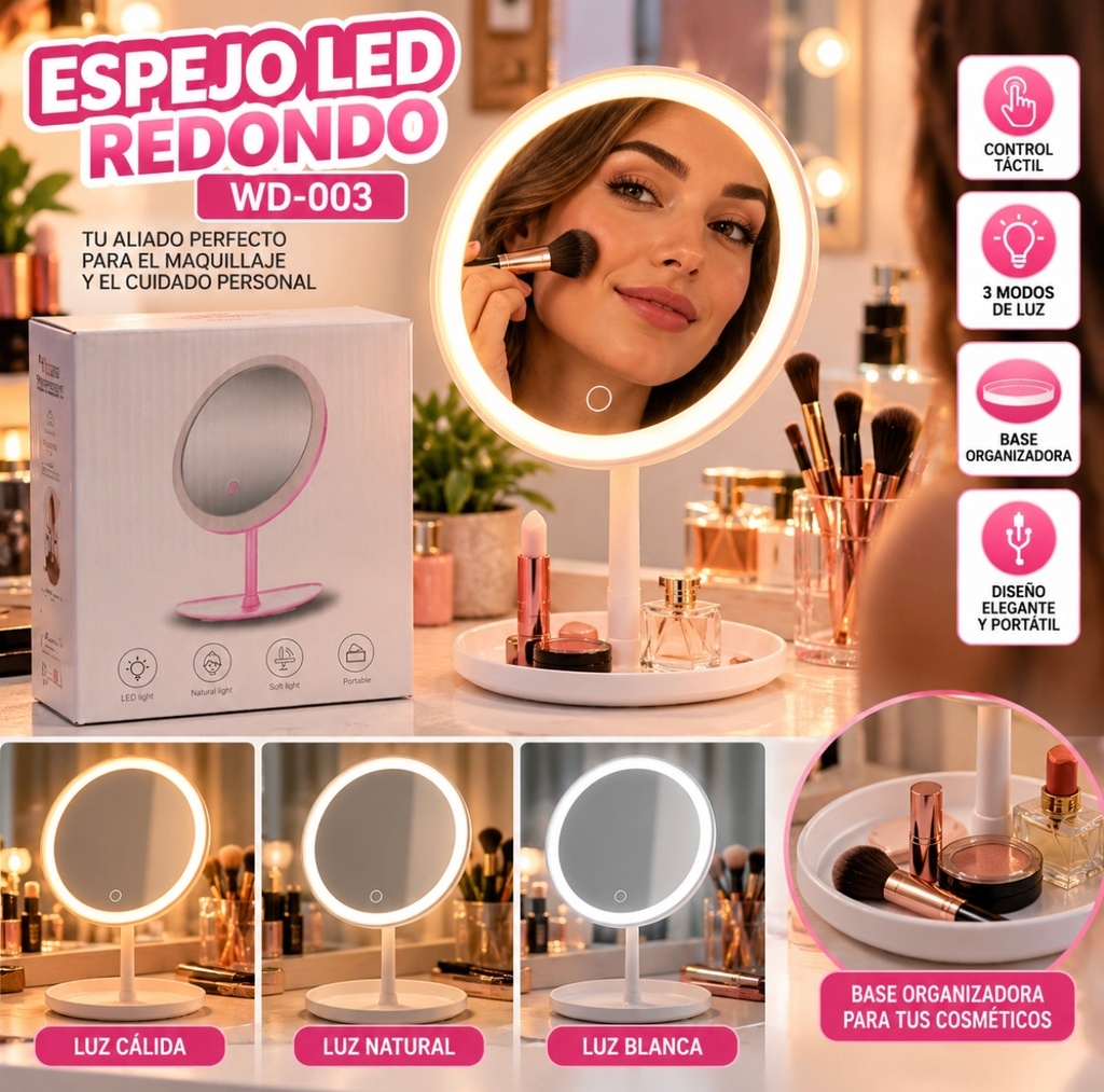 ESPEJO REDONDO CON LUZ RECARGABLE TACTIL CON BASE REDONDA WD-003