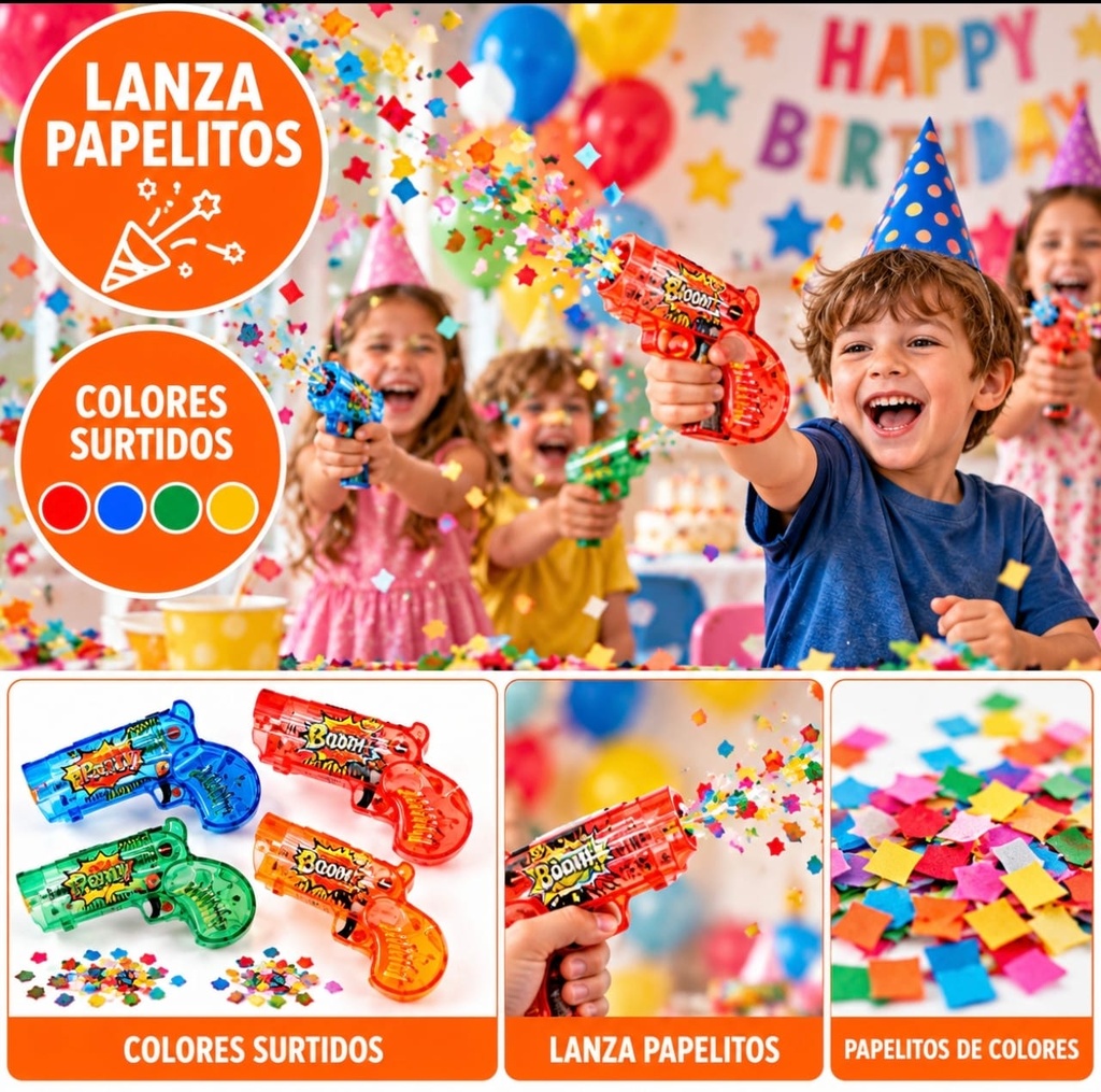 LANZA PAPELITO PISTOLA ACCIONADO CON AIRE COLORES SURTIDO