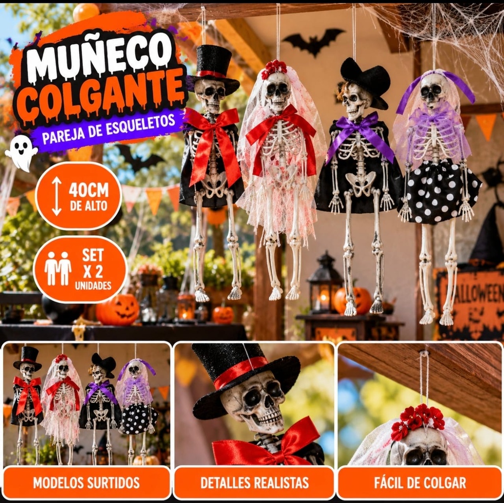MUÑECO COLGANTE PAREJA ESQUELETO 40 CM 10423