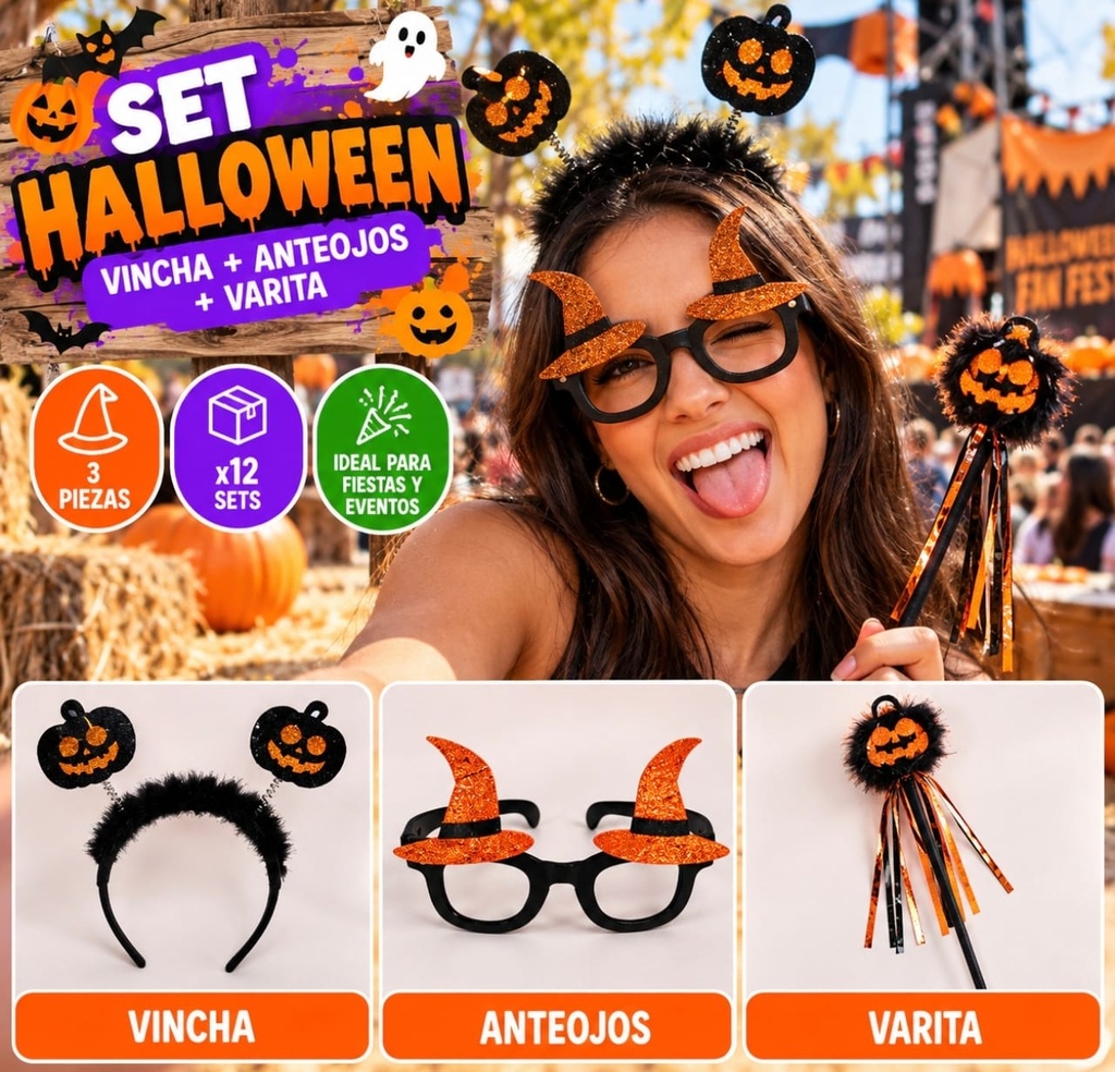 SET HALLOWEEN (VINCHA-ANTEOJO-VARITA) EN BLISTER