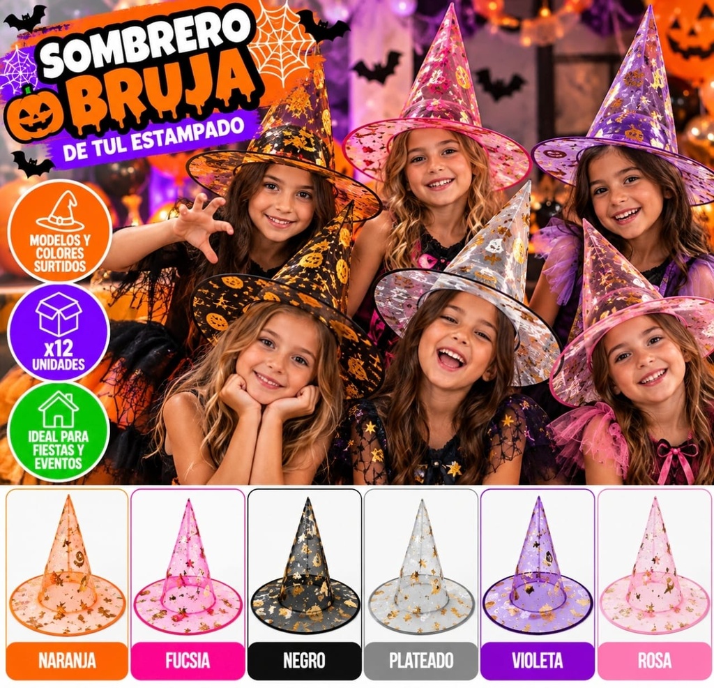GORRO BRUJA TUL ESTAMPADO COLORES SURTIDOS 10-255