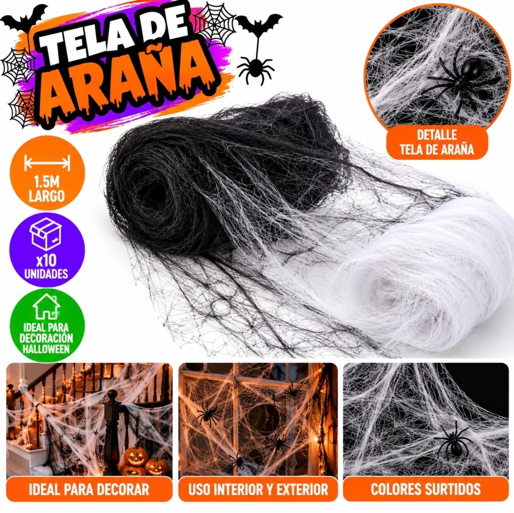 TELA ARAÑA 1.5 Mts NEGRA/BLANCA