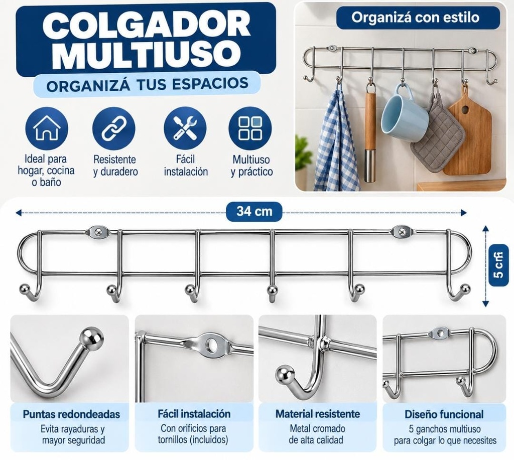 COLGADOR MULTIUSO DE ACERO C/ 6 GANCHOS HW72565