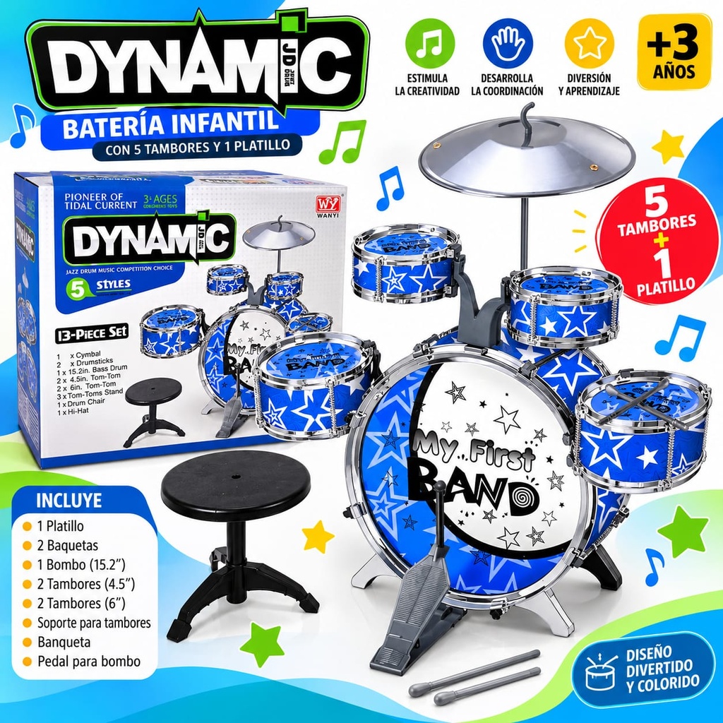 BATERIA INFANTIL DE 5 CUERPOS 1 PLATILLO C/ BANCO DYNAMIC