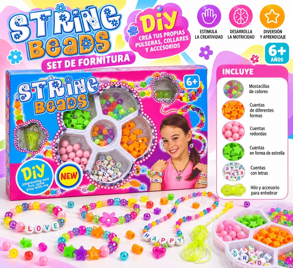 SET DE FORNITURA PARA ARMAR EN CAJA STRING BEADS DIY