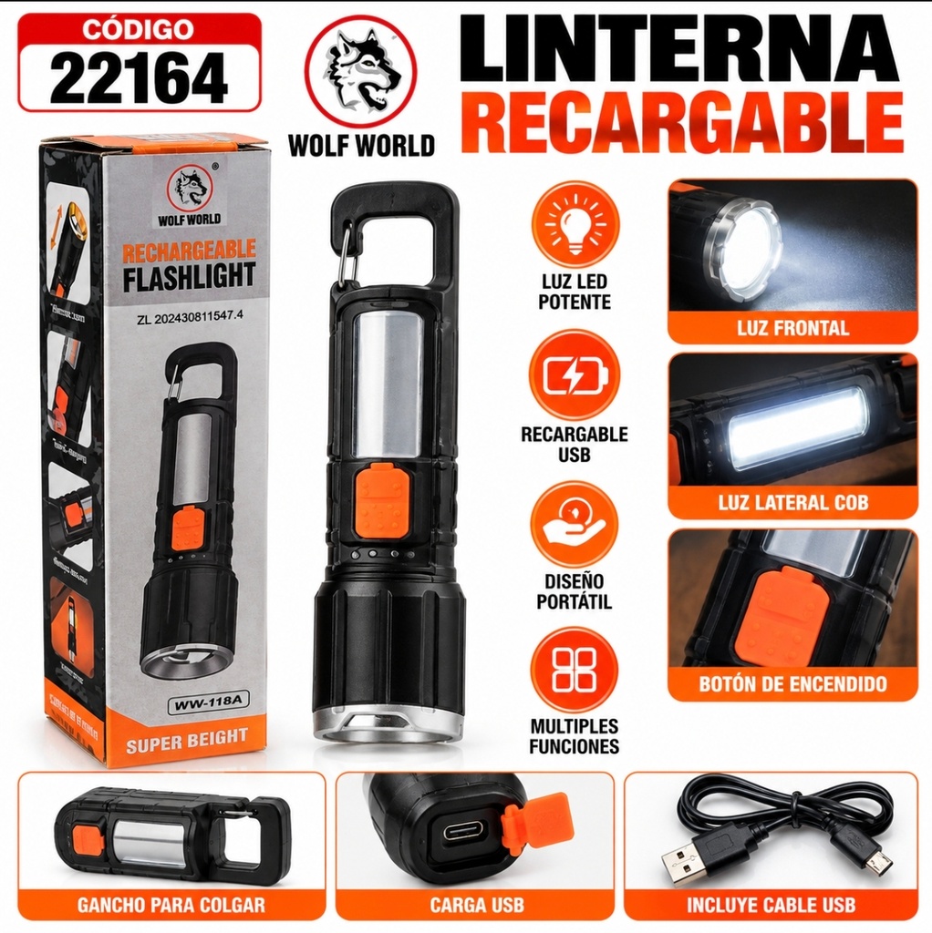 LINTERNA RECARGABLE CON GANCHO WW118A CAJA 22164