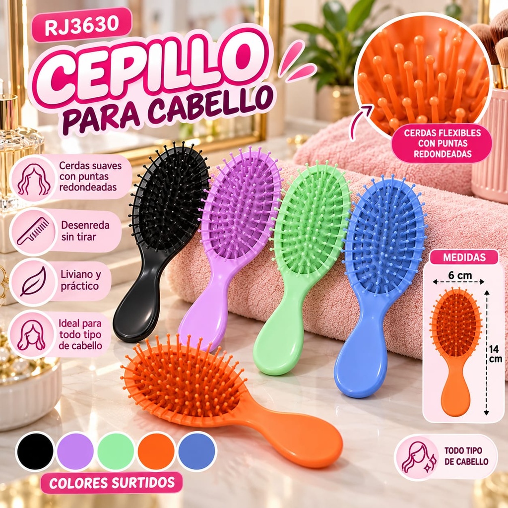 CEPILLO P/ CABELLO CHICO OVALADO COLORES VARIOS 14CM RJ3630