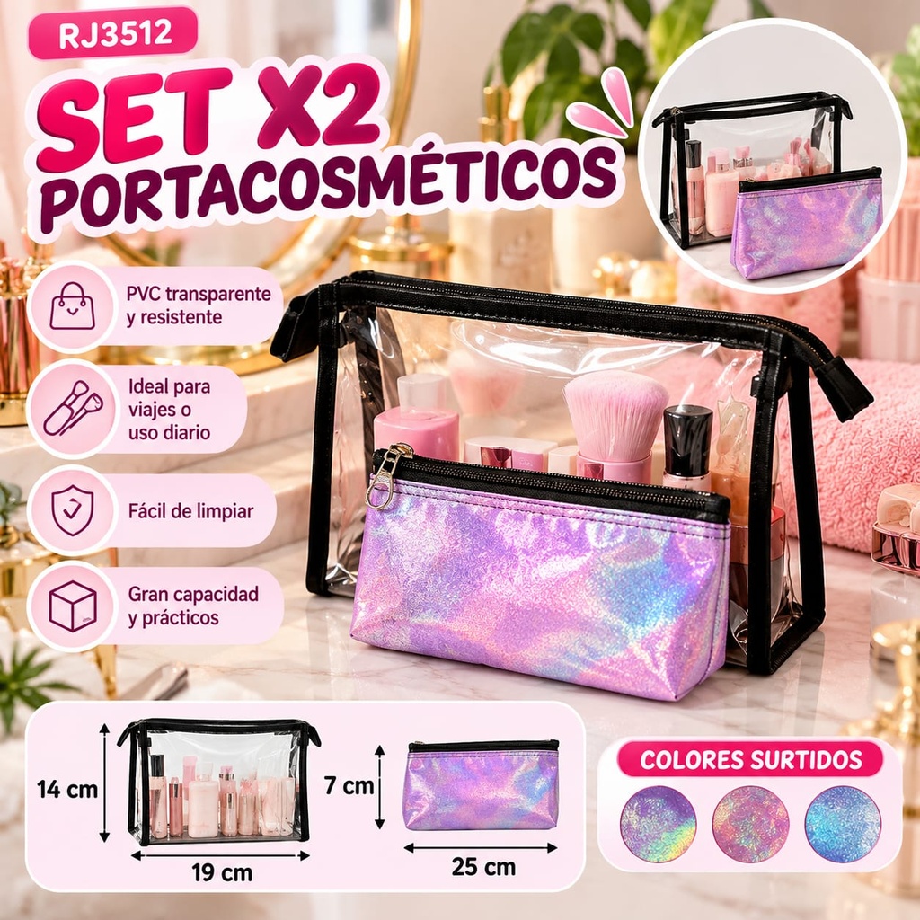 PORTA COSMETICOS X2 TRANSPARENTE Y CON BRILLOS RJ3512 14X19CM 7X25CM