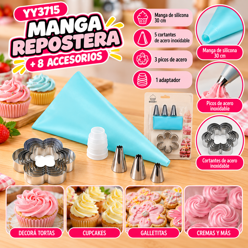 SET MANGA REPOSTERA C/ 3 PICOS Y 5 CORTANTES DIFERENTES TAMAÑOS YY3715