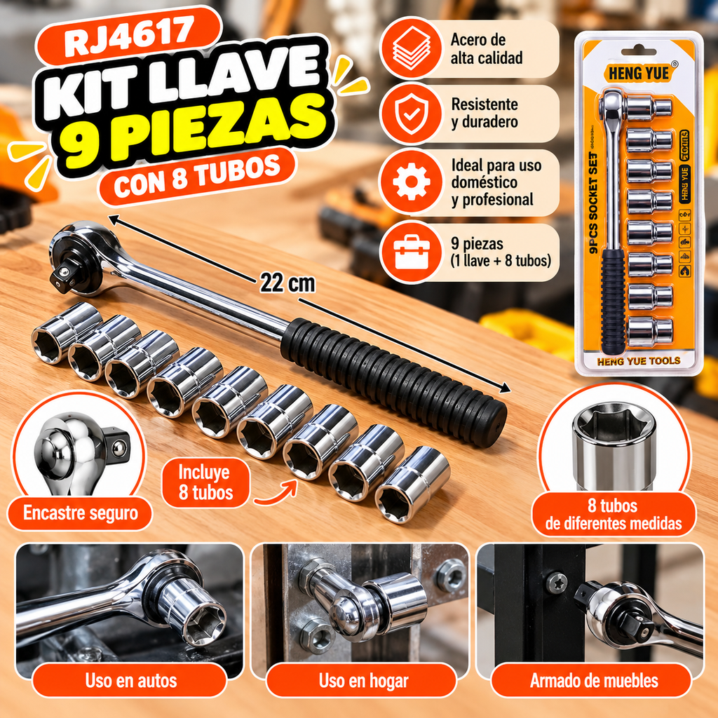 KIT 9 PZAS LLAVE + 8 TUBOS EN BLISTER