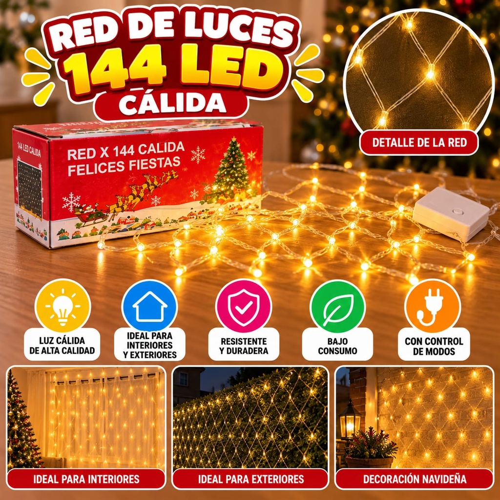 RED LUZ CALIDA X 144 LED EN CAJA