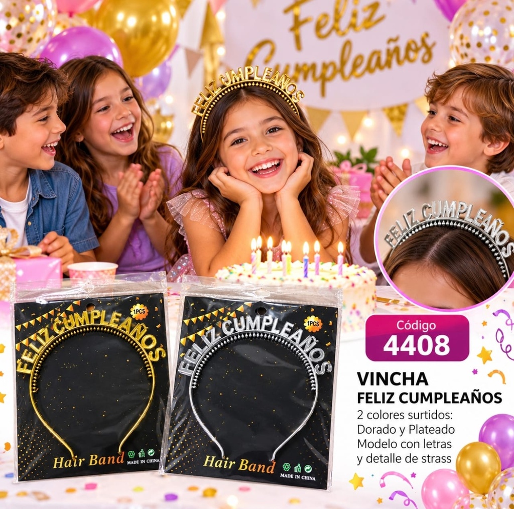 VINCHA PLASTICA DORADO / PLATEADO FELIZ CUMPLEAÑOS ART 4408