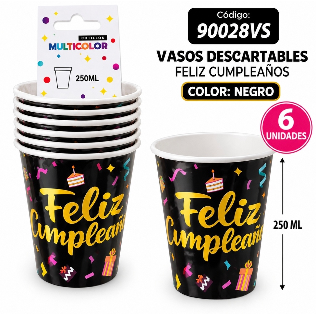 VASO DESCARTABLE FELIZ CUMPLEAÑOS X 6 NEGRO COD 90028 VS NG