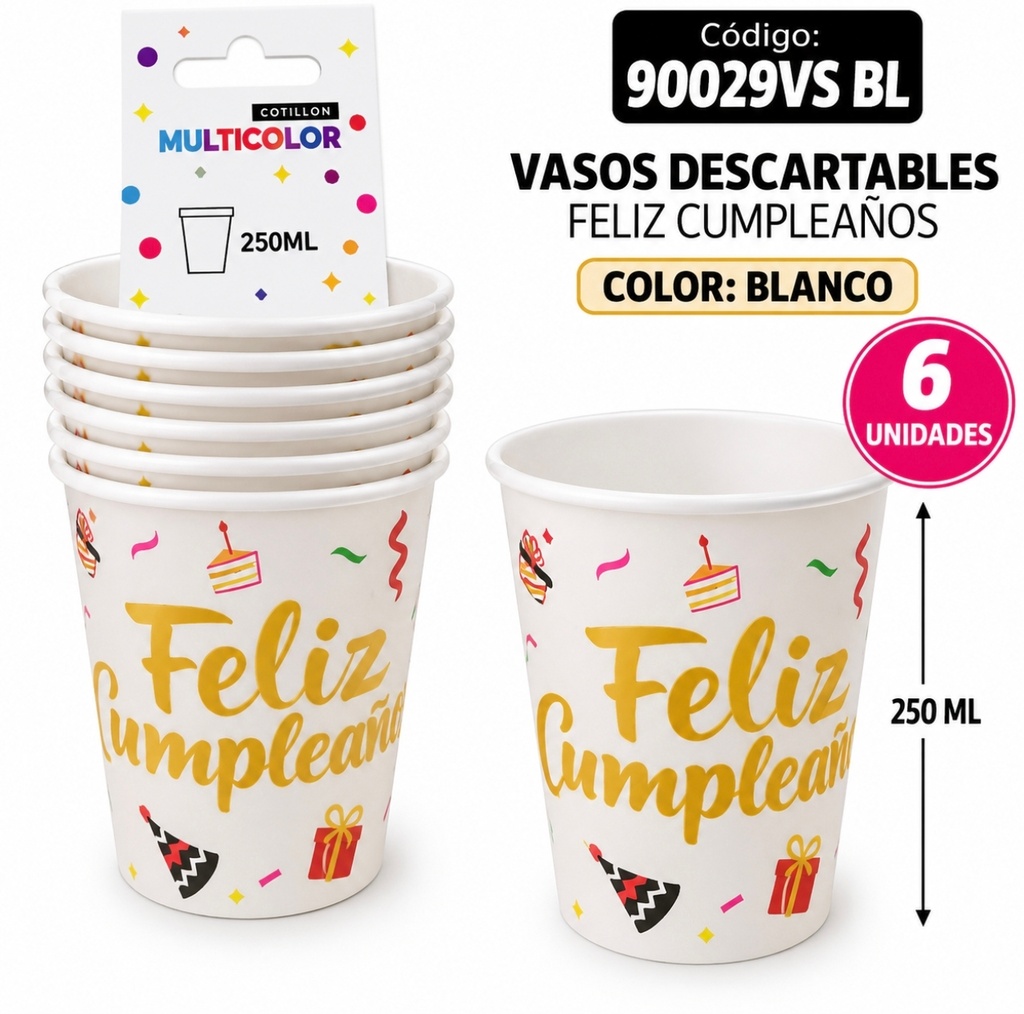 VASO DESCARTABLE X 6 FELIZ CUMPLEAÑOS BLANCO COD 90028 VS BL