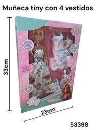 MUÑECA TINY EN CAJA FASHION CON 4 VESTIDOS 33X23CM 53398