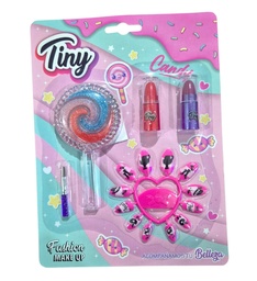 SET DE MAQUILLAJE TINY PALETA CHUPETIN CON UÑAS POSTIZAS Y 2 LABIALES EN BLISTER 3290