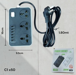 ALARGUE 2 MTS 3 ENTRADAS + 6 USB EN CAJA C1 2000W 3.4A