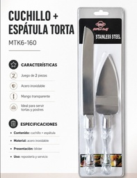 CUCHILLO CON ESPATULA P/ TORTAS MANGO TRANSPARENTE EN BLISTER MTK6-160
