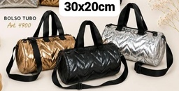 BOLSO TUBO METALIZADO ESTILO ZIGZAG CON MANIJA Y CORREA 30X20CM