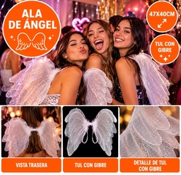 ALAS DE ANGEL DE TUL BLANCA CON GIBRE PLATA 47 X 40 CM