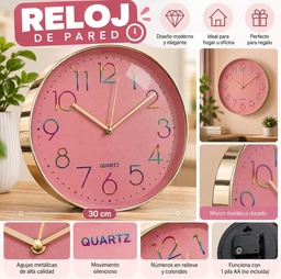 RELOJ DE PARED MARCO DORADO NUMEROS MULTICOLOR FONDO CON BRILLOS 30CM EN CAJA HW114216