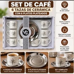 SET DE CAFE DE 6 TAZA DE CERAMICA CON 6 PLATOS DE VIDRIO PLATEADOS 80ML HW73826
