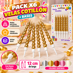 [RJ4683] PACK X6 VELAS ESPIRAL GRUESAS + BASES COLOR METALIZADA