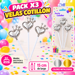 [RJ4688] PACK X3 VELAS METALIZADAS CORAZON C/ CORONA